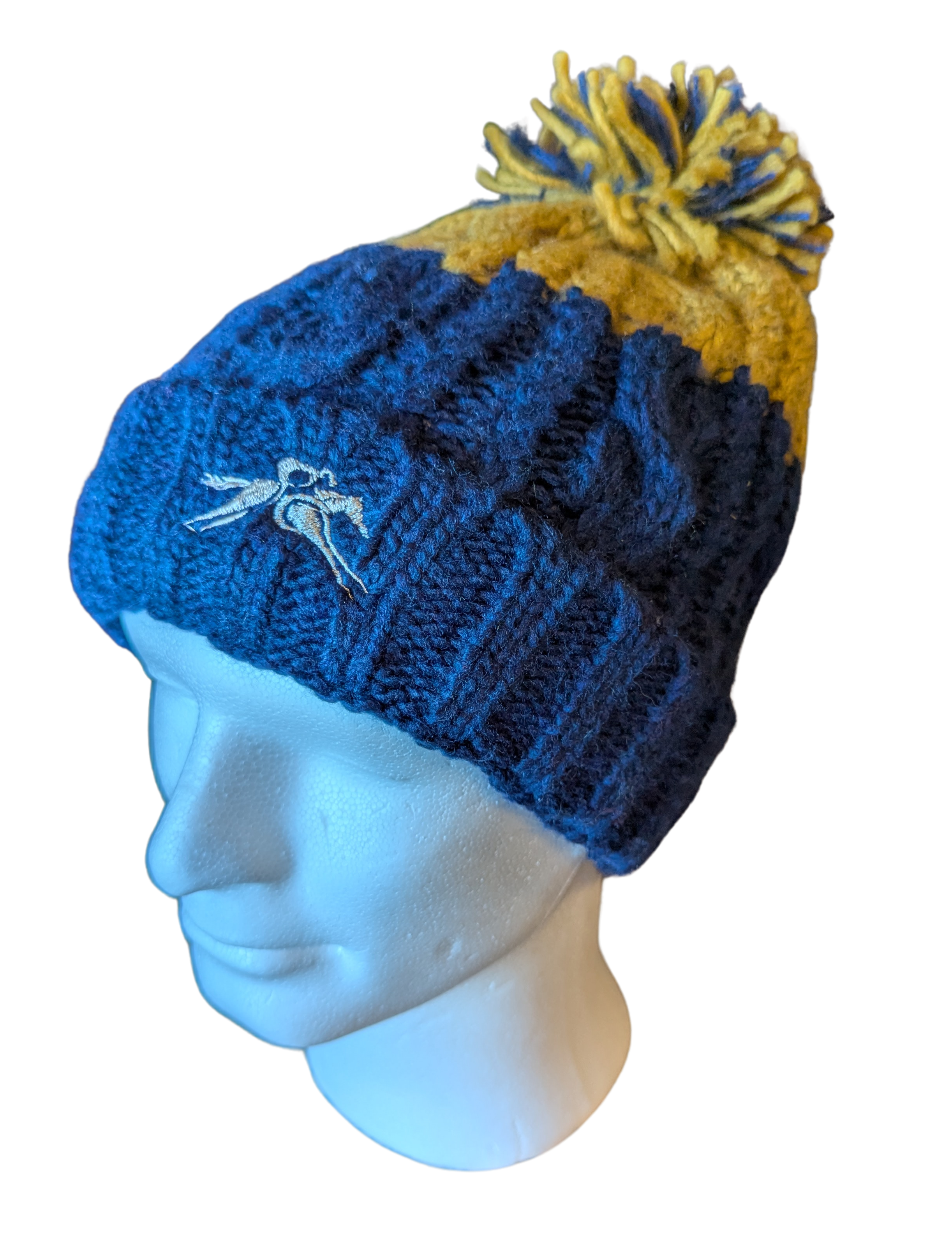 Unisex Cable Bobble Hat | Navy & Mustard